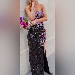 Jovani Black and Pink Floral Sequin Prom Dress